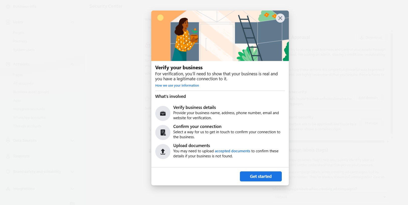Meta's Verify your business panel listing the three stages: verify business details, confirm your connection, upload documents