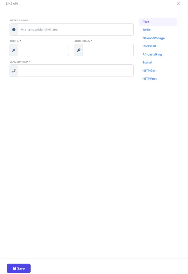 The SMS API drawer on the Plivo tab, with all eight provider tabs down the right