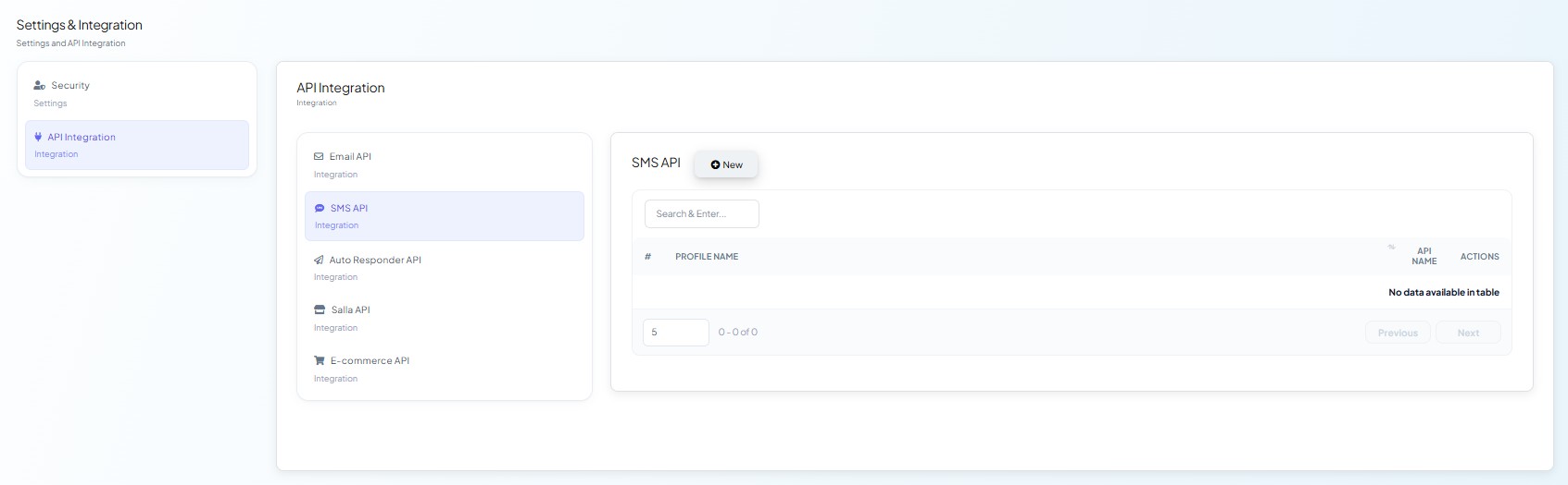 API Integration with its five entries: Email API, SMS API, Auto Responder API, Salla API and E-commerce API