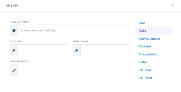 The SMS API drawer on the Twilio tab, showing Auth SID, Auth Token and Sender/From