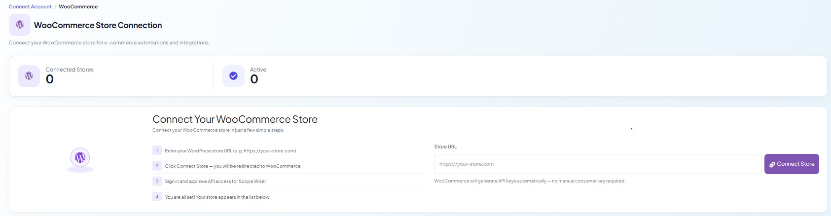 WooCommerce Store Connection panel with the four steps