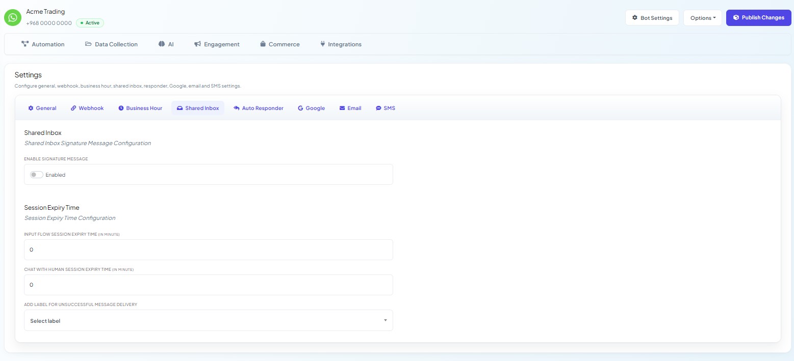 Chatbot Manager Bot Settings Shared Inbox