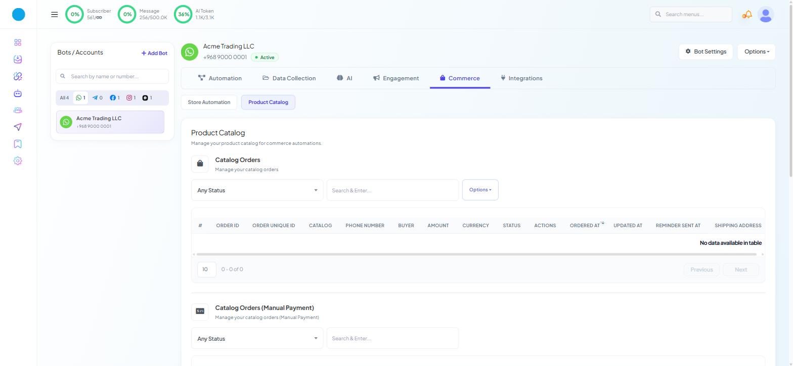 Chatbot Manager Commerce Product Catalog scrolled