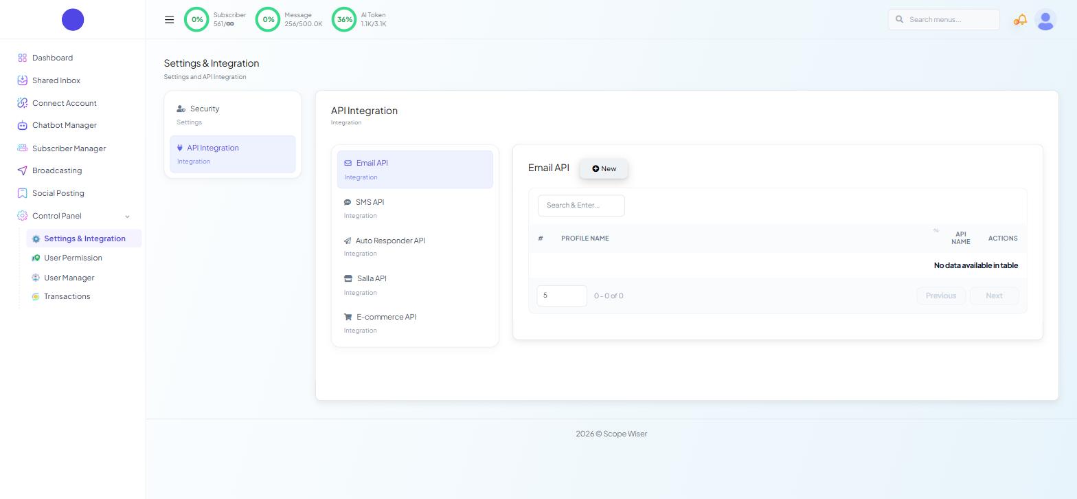 Control Panel Settings & Integration API