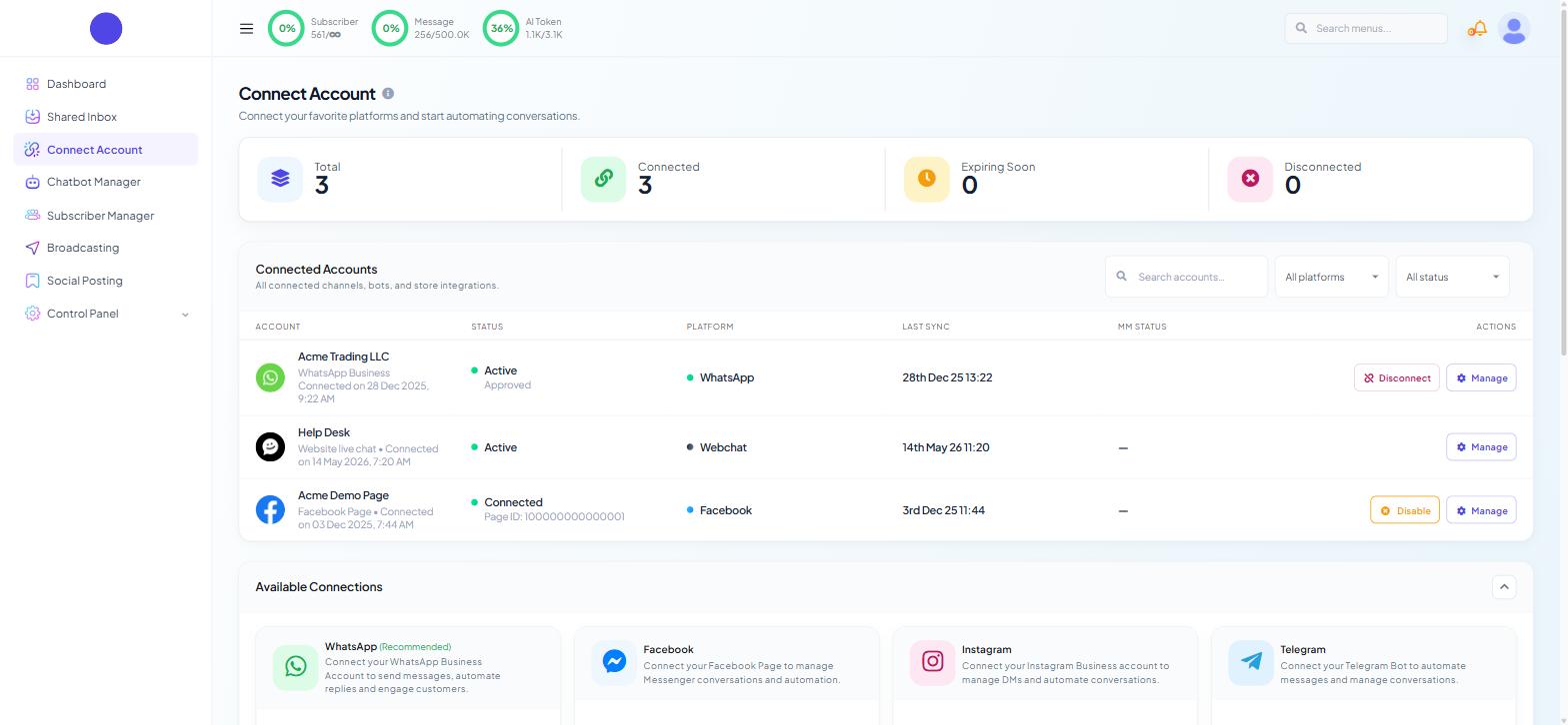 Connect Account with the Available Connections