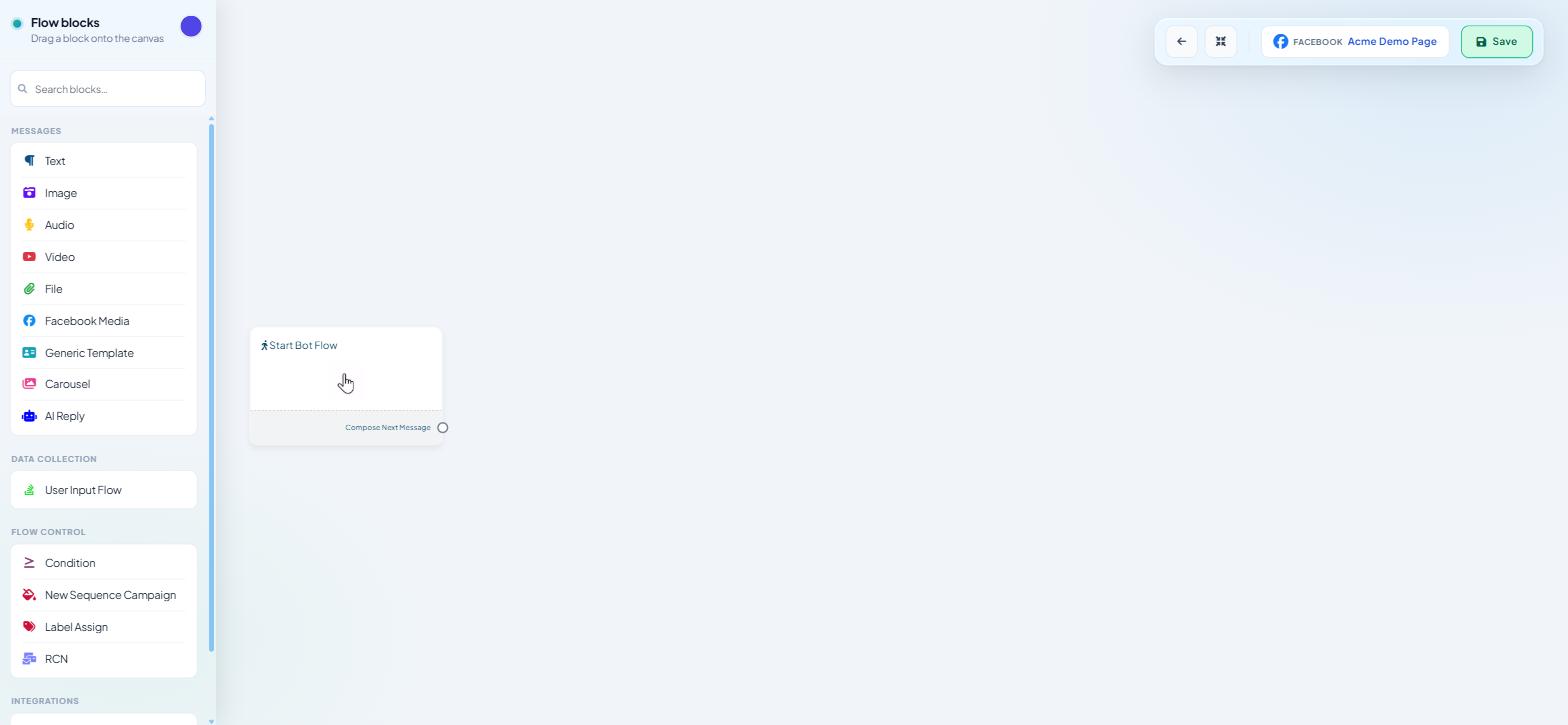 Facebook Flow Builder palette showing the