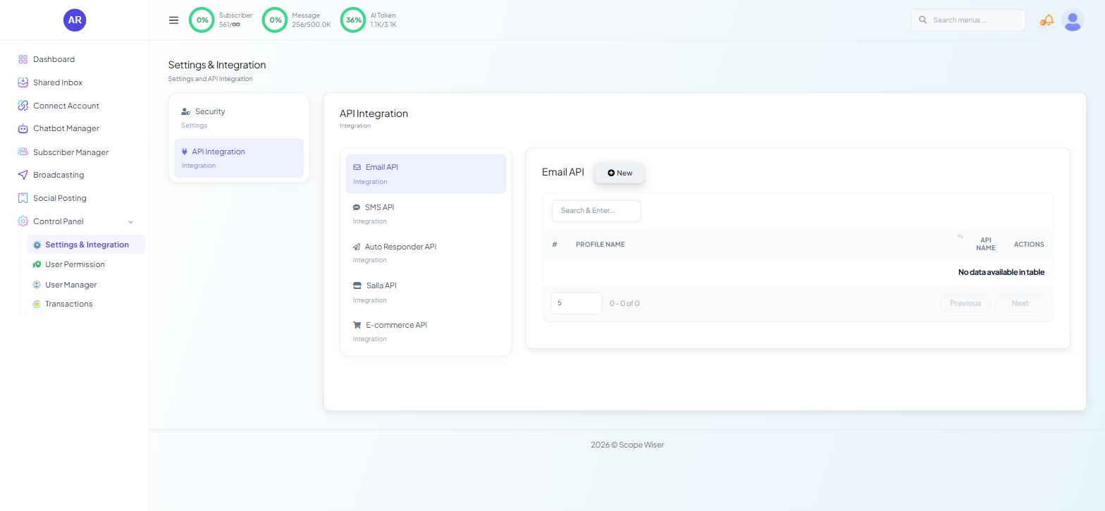 Control Panel Settings & Integration API