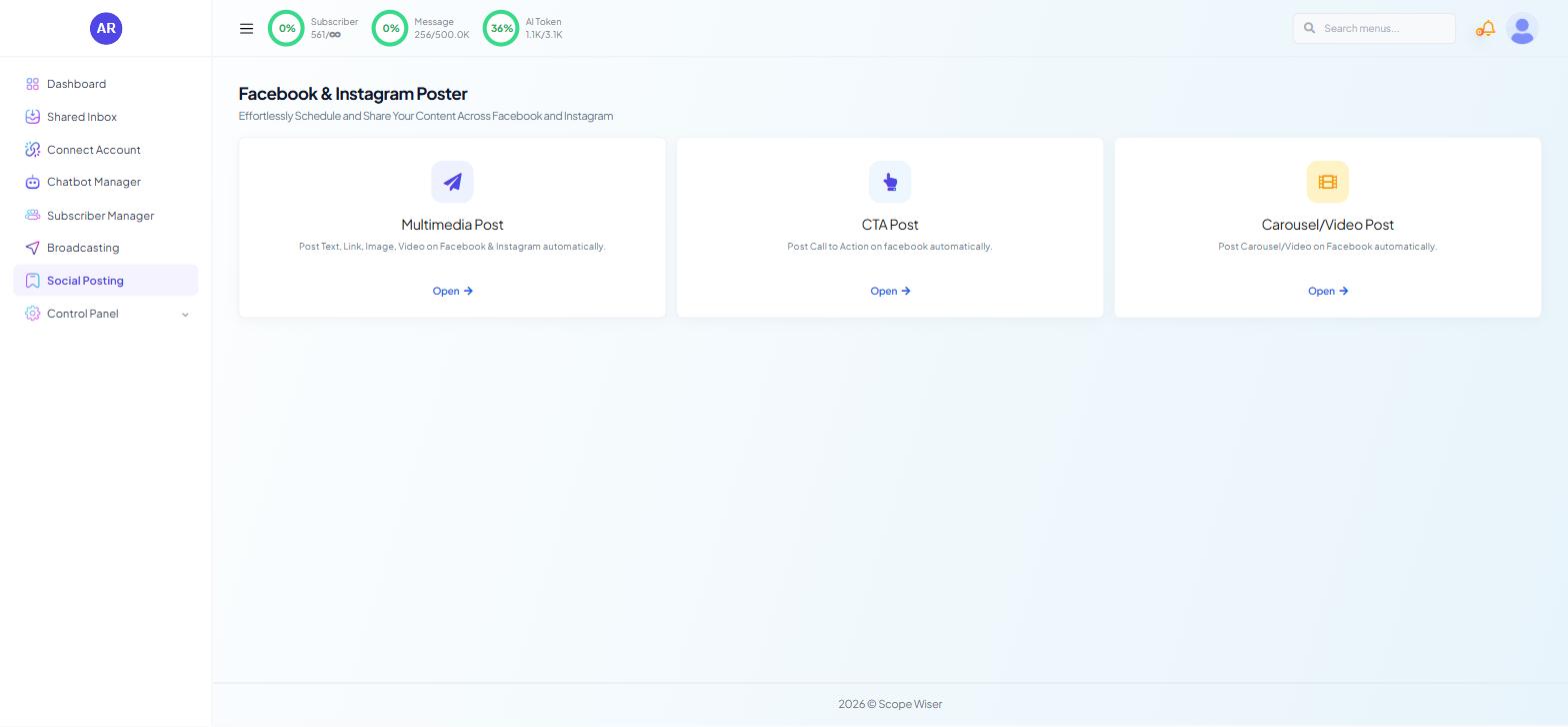 Social Posting landing page showing the