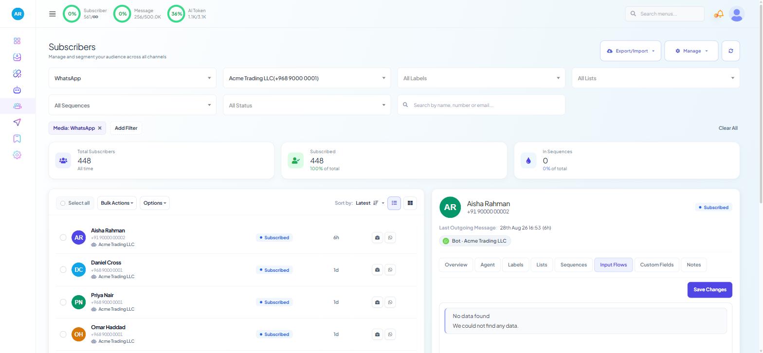 Subscriber detail panel open on the
