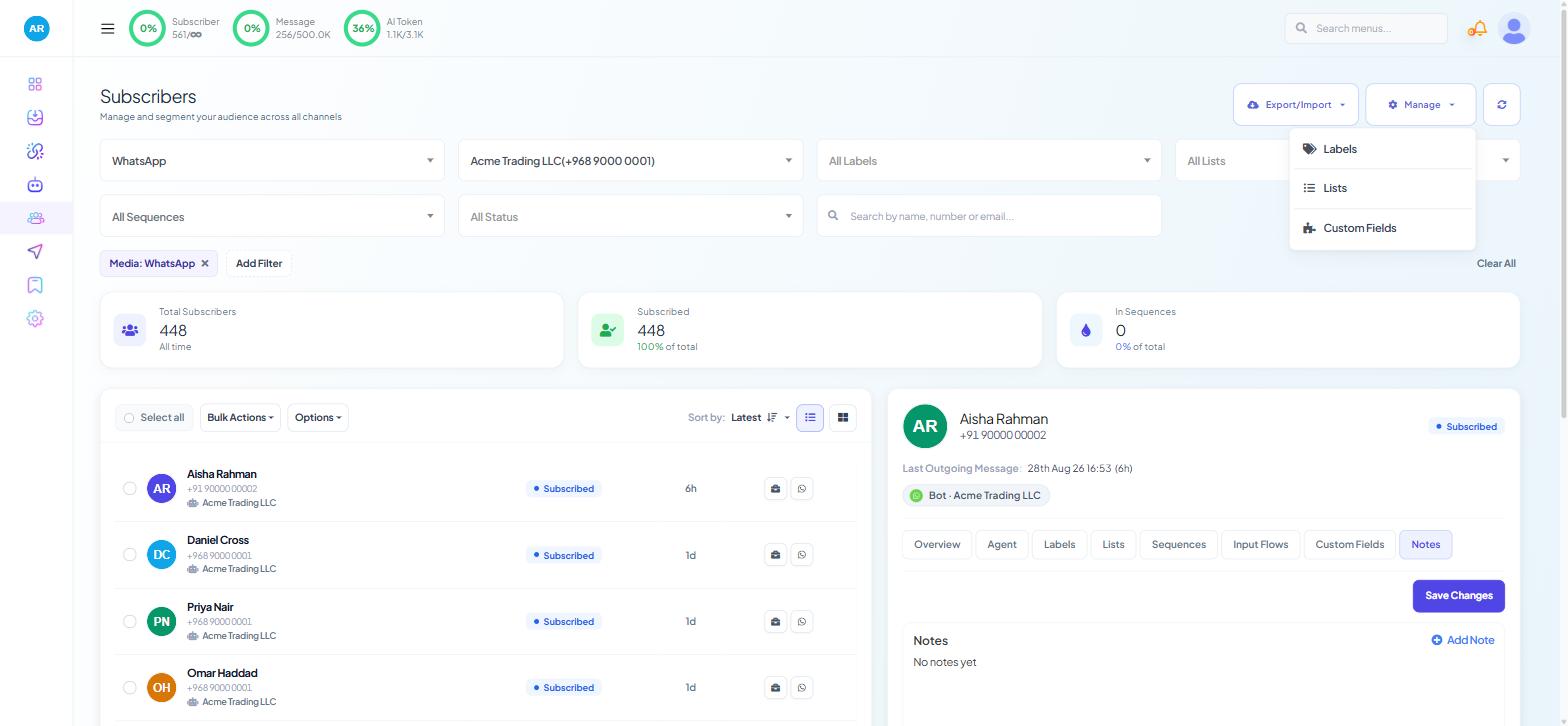 Subscriber Manager with the Manage menu