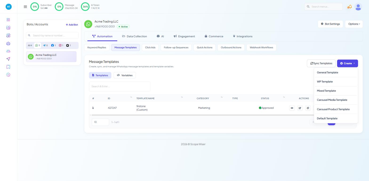 Chatbot Manager Automation Message Templates with