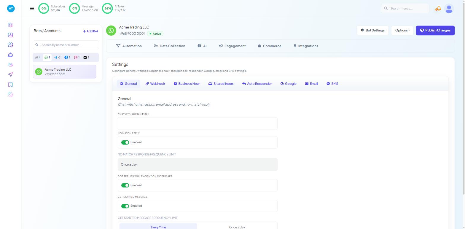 Bot Settings General showing NO MATCH