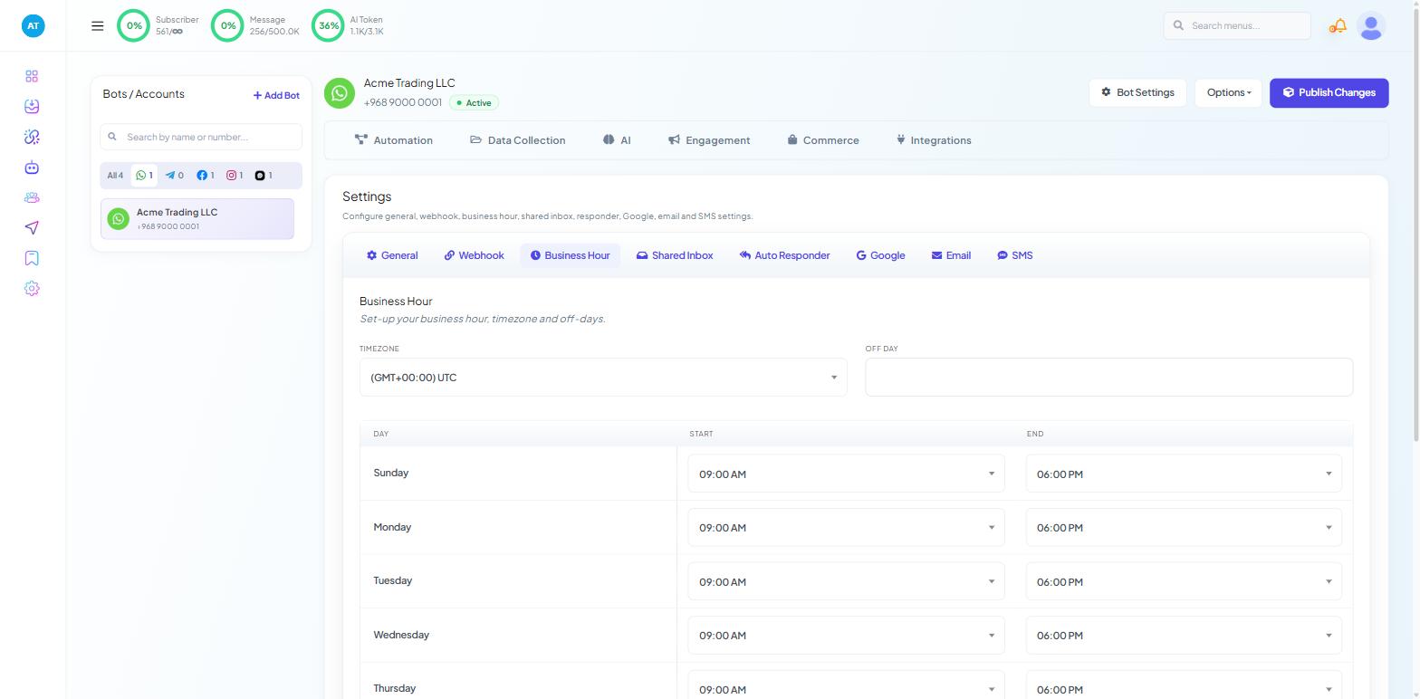 Bot Settings Business Hour scrolled to